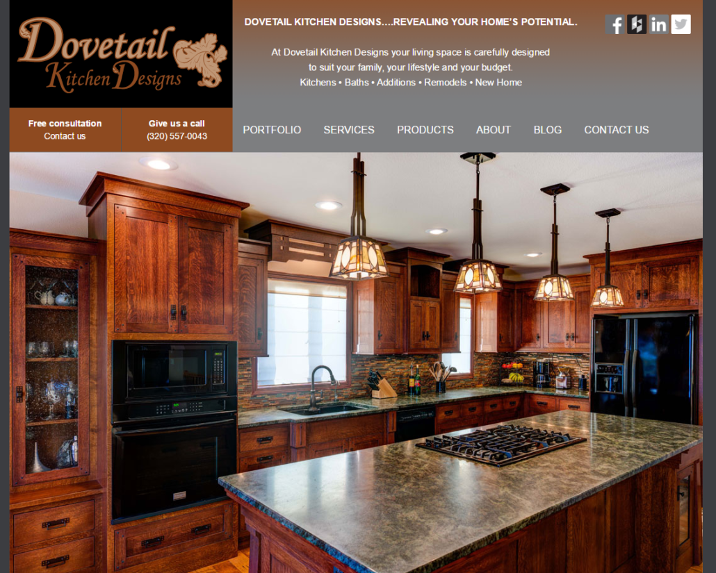 Dovetail Kitchen Designs home page showing 5 examples of redesigned kitchens