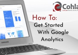 Title Cards which reads: How To Get Started With Google Analytics with a laptop displaying Analytics report on it.