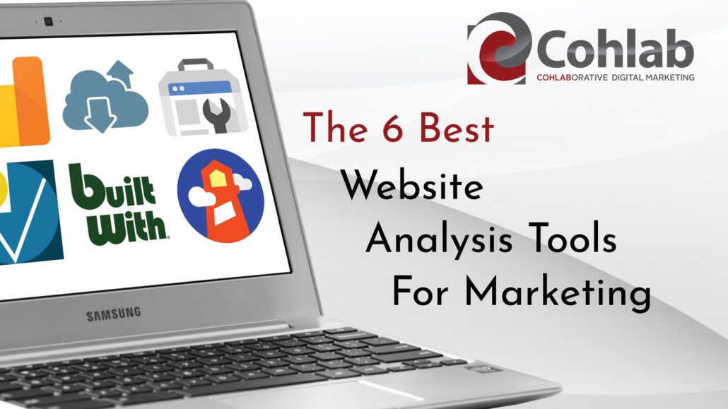 Cover image for 6 Best Website Analysis Tools For Marketing showing title and laptop computer with graphics appearing on screen.