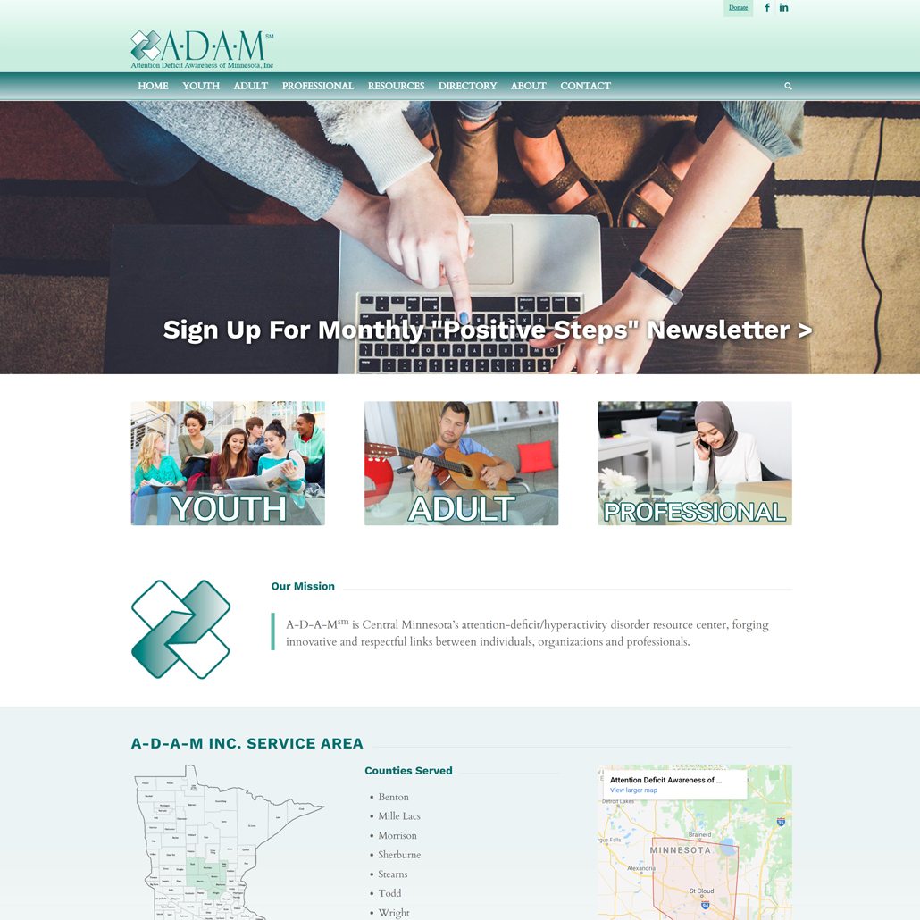 Custom WordPress website design for A-D-A-M, Inc. home page in St. Cloud, MN