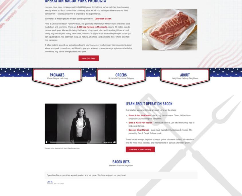 Custom WordPress website design for Operation Bacon home page in Hector, MN