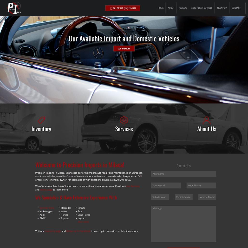 Custom Trustdyx website design for Precision Imports home page in Milaca, MN