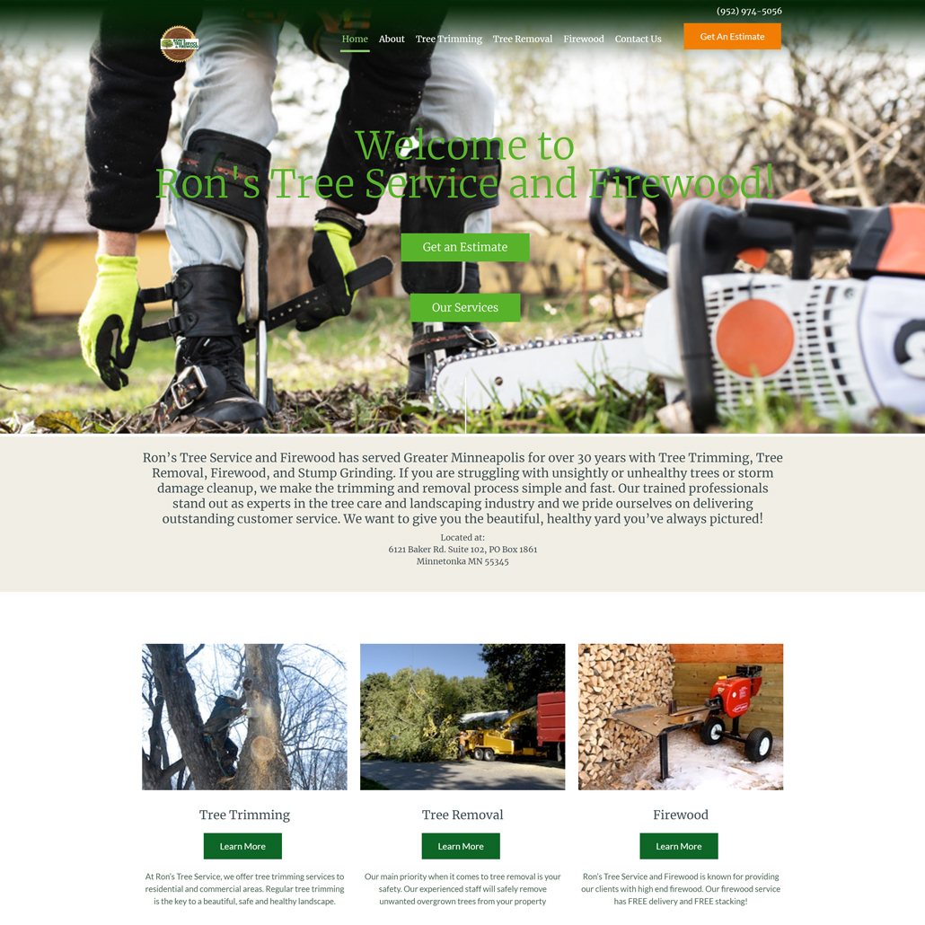 Custom Trustdyx website design for Rons Tree Service and Firewood home page in Minnesota