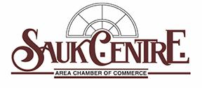 Sauk Centre Area Chamber of Commerce logo in maroon red with window decal above
