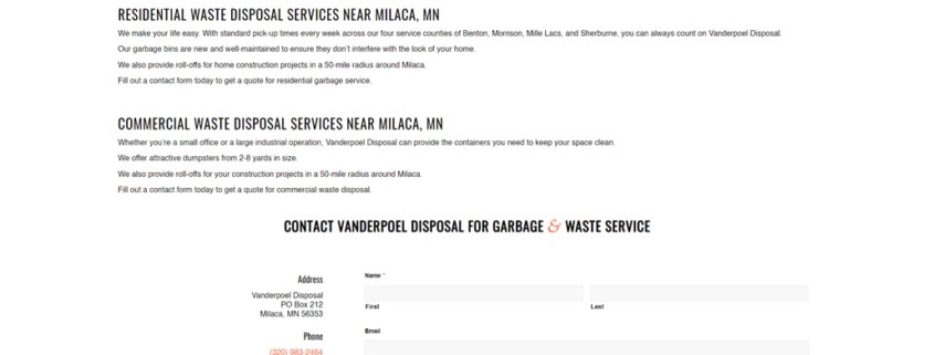 Custom WordPress website design for Vanderpoel Disposal home page in Milaca, MN