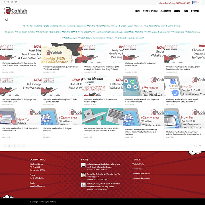 Cohlab Digital Marketing blog page with superhero theme.