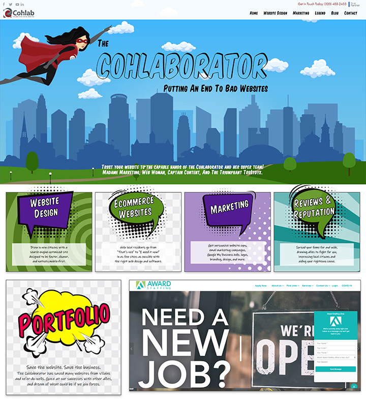 Cohlab Digital Marketing home page with superhero theme - Expandable Image