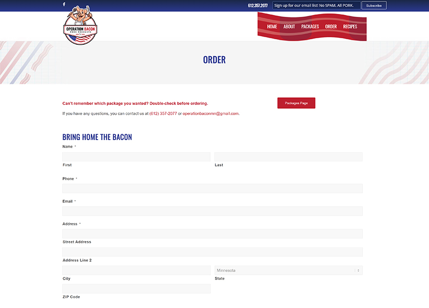 Operation Bacon website built by Cohlab Digital Marketing showing custom built online order form for pork products - expandable image