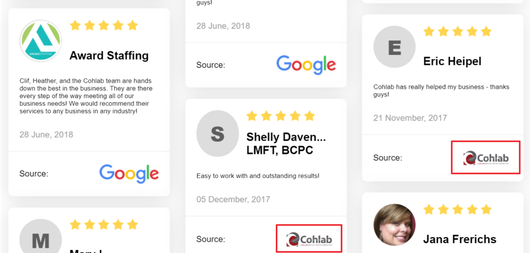 Image showing offline reviews on Cohlab Digital Marketing’s reviews page labeled as “Cohlab” rather than from “Google”, etc.