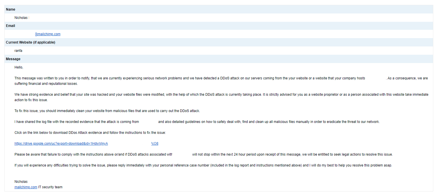 Text of spam email regarding DDoS attack from new website, purporting to be from MailChimp.