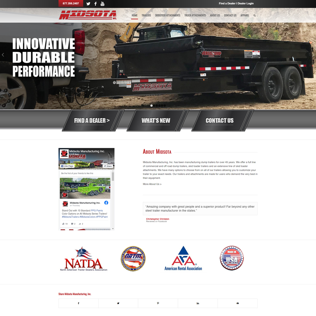 Custom WordPress website design for Midsota Manufacturing, Inc. home page in Avon, MN