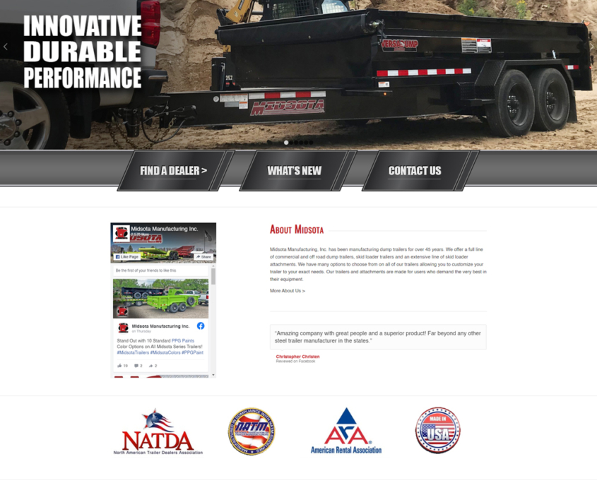 Custom WordPress website design for Midsota Manufacturing, Inc. home page in Avon, MN
