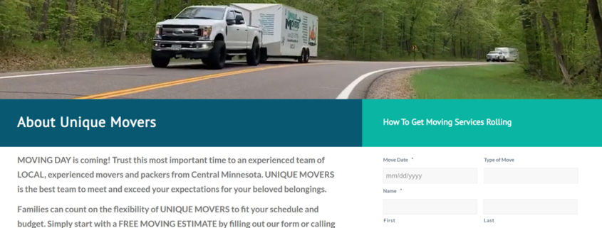 Custom WordPress website design for Unique Movers home page in Sauk Rapids, MN