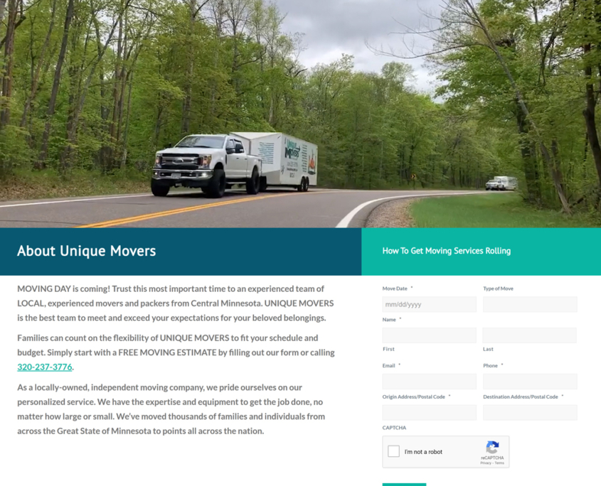 Custom WordPress website design for Unique Movers home page in Sauk Rapids, MN