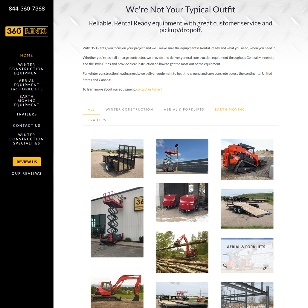 Custom Trustdyx website design for 360 RENTS, Inc home page in Waite Park, MN