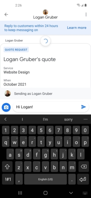 Screenshot of Mobile request a quote process when notification is received from lead in Google My Business app.