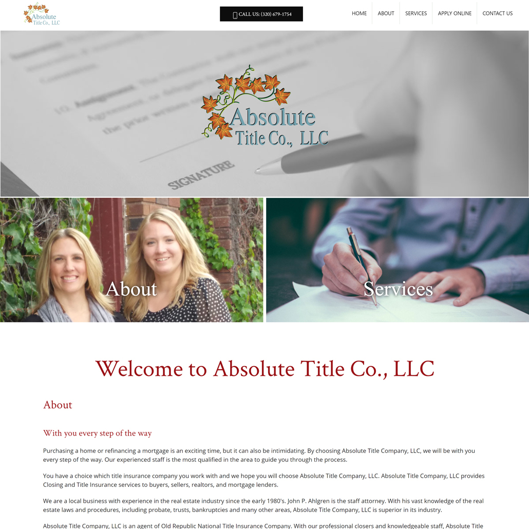 Custom Trustdyx website design for Absolute Title Company home page in Mora, MN