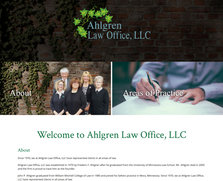 Custom Trustdyx website design for Ahlgren Law Office home page in Mora, MN