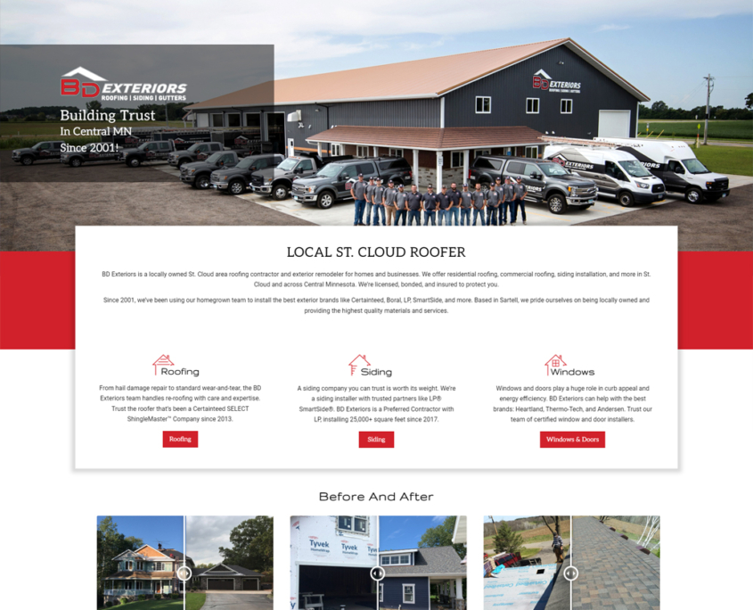 Custom WordPress website redesign for BD Exteriors home page in Sartell, MN