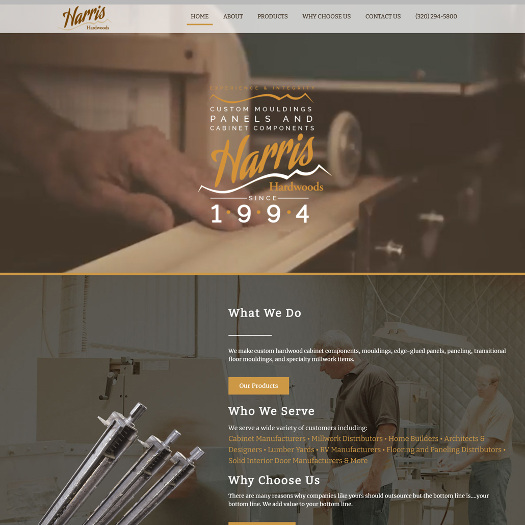 Custom Trustdyx website design for Harris Hardwoods home page in Foreston, MN
