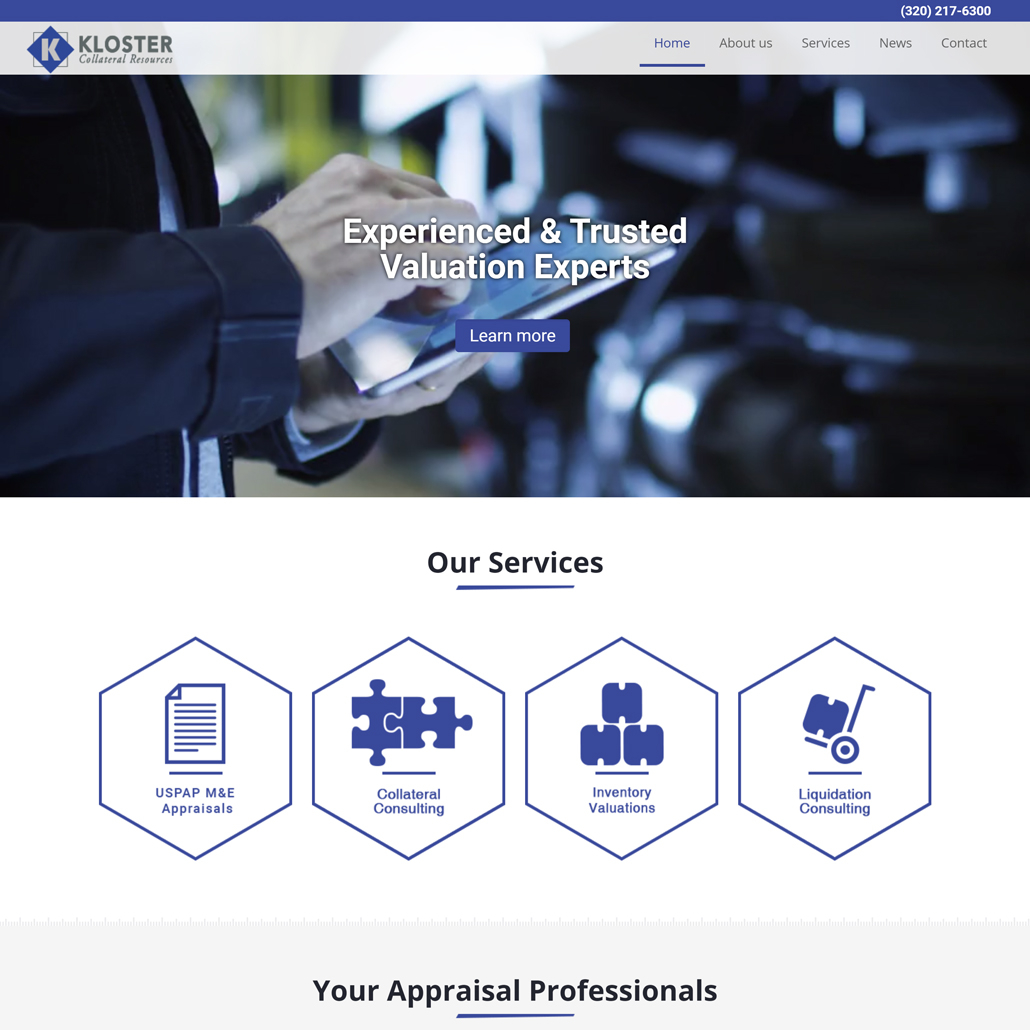 Custom Trustdyx website design for Kloster Collateral Resources home page in St. Cloud, MN