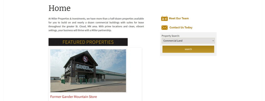 Custom WordPress website design for Miller Properties & Investments home page in St. Cloud, MN