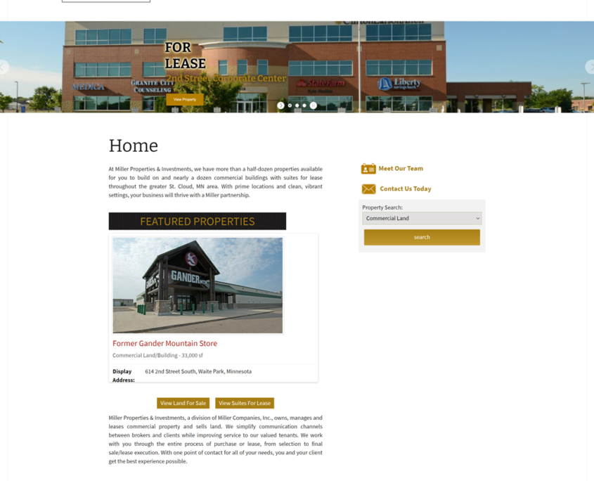 Custom WordPress website design for Miller Properties & Investments home page in St. Cloud, MN