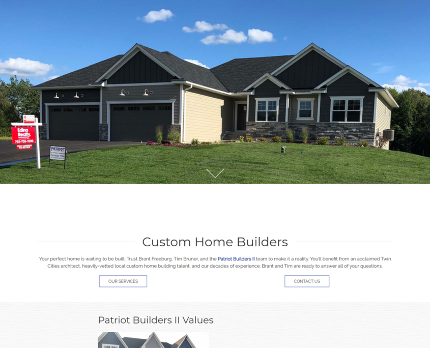 Custom Trustdyx website design for Patriot Builders II home page in Ham Lake, MN