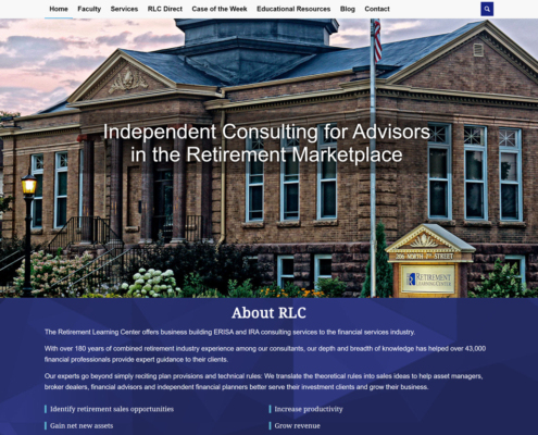 Home page design for Retirement Learning Center, including menu, hero image, about information, and services.
