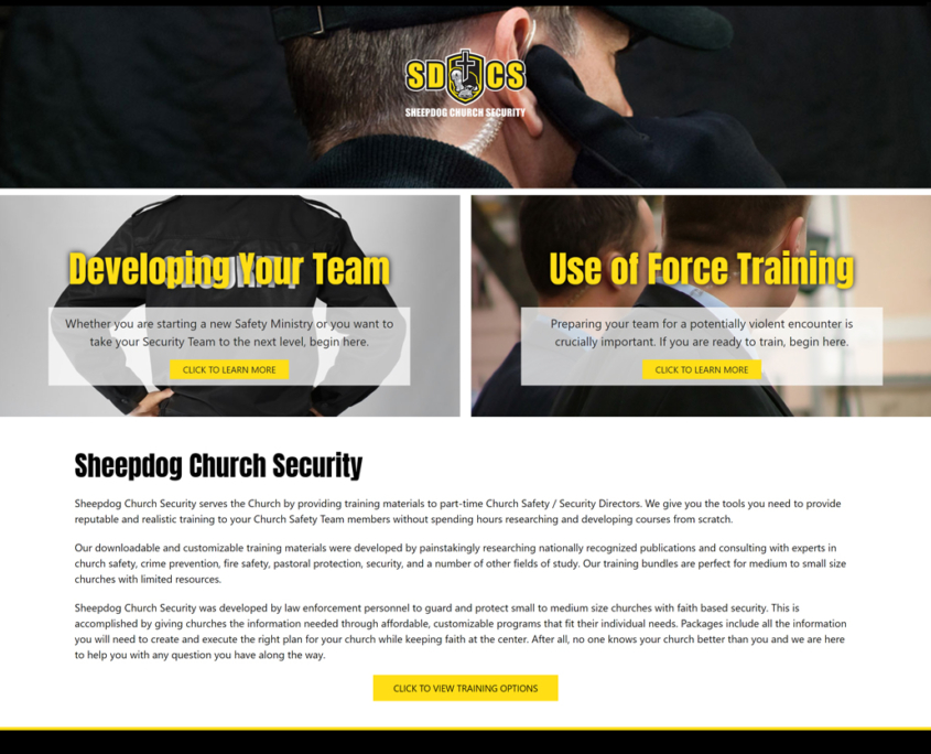 Custom Trustdyx website design for Sheep Dog Church Security home page in Belle Plaine, MN