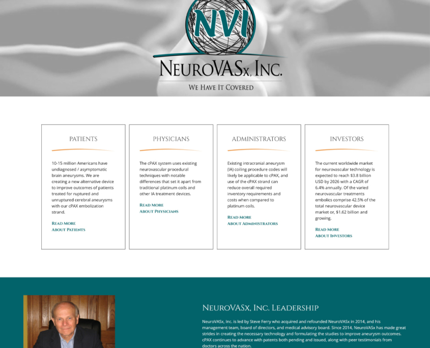 Custom Trustdyx website design for NeuroVASx home page in Excelsior, MN