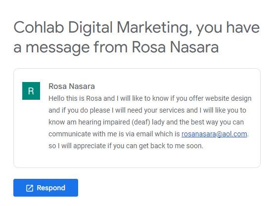 Screenshot of Google Business Profile spam message as shown in email, with option to respond.
