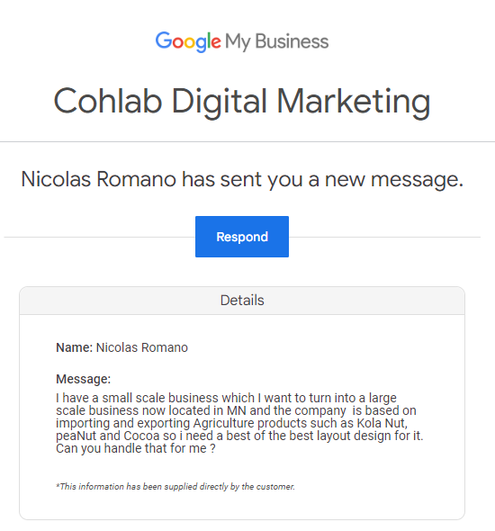 Screenshot of Google Business Profile spam message as shown in email, with option to respond.