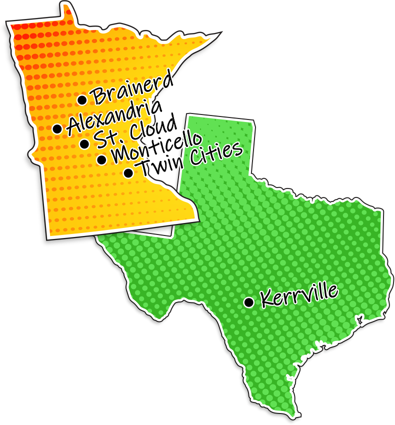 Map of Minnesota and Texas showing Cohlab’s various virtual offices in Alexandria, Brainerd, St. Cloud, Monticello, and the Twin Cities in Minnesota as well as Kerrville in Texas.