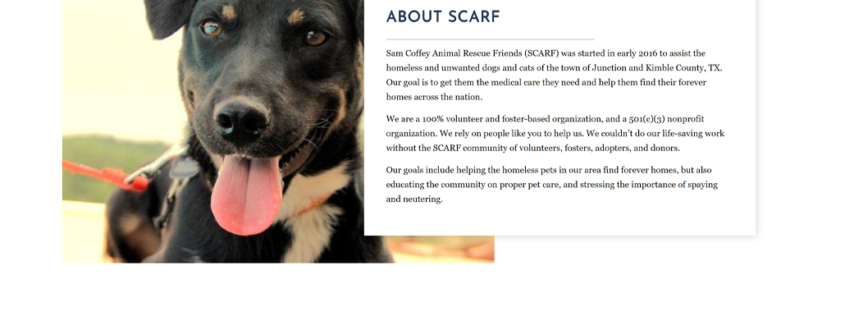 Custom WP website design for Sam Coffey Animal Rescue Foundation home page in Junction, TX