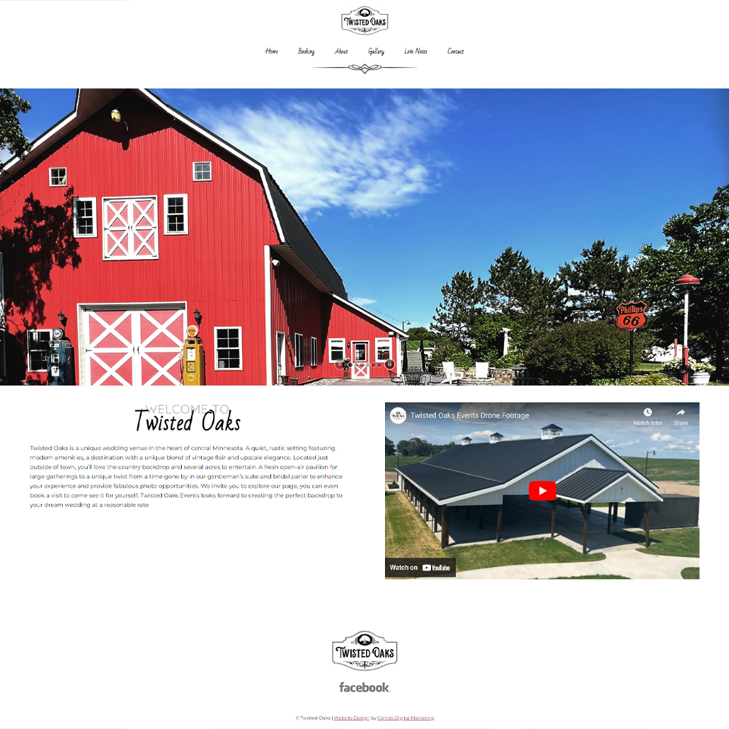 Custom WordPress website design for Twisted Oaks Events home page in Sauk Centre, MN