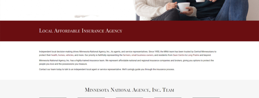 Custom WordPress website design for MN National Agency home page in Sauk Centre, MN