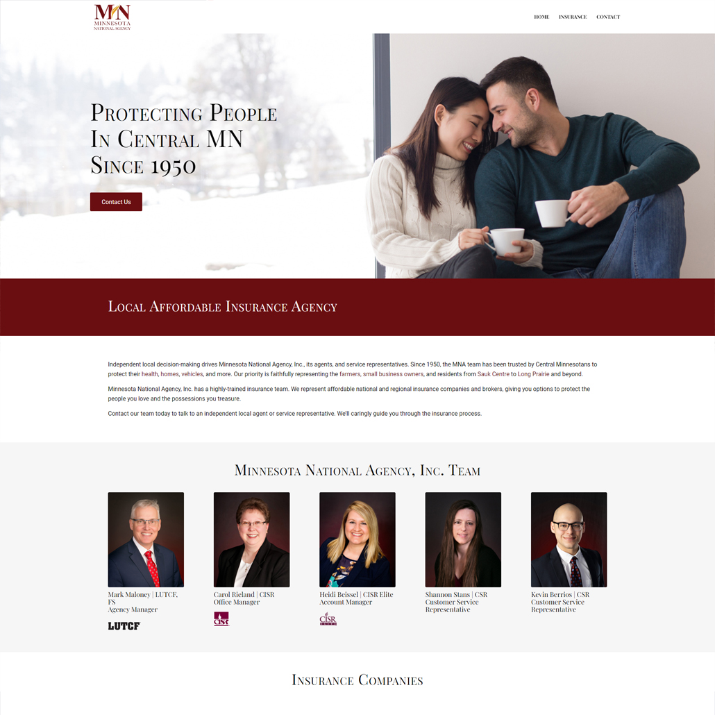 Custom WordPress website design for MN National Agency home page in Sauk Centre, MN