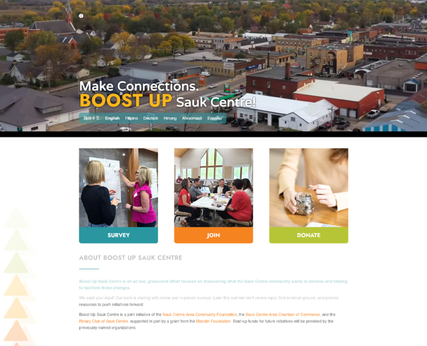Custom WordPress website design for Boost Up Sauk Centre home page in Sauk Centre, MN