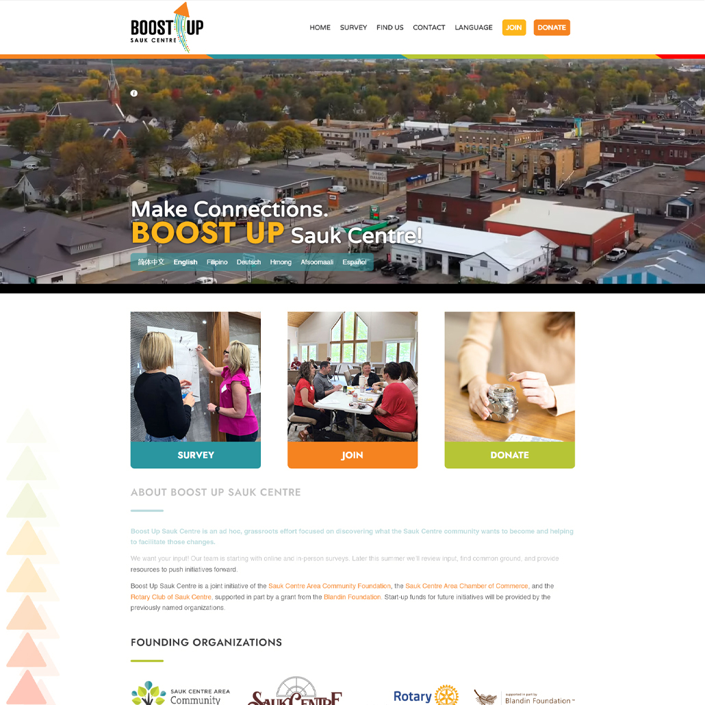 Custom WordPress website design for Boost Up Sauk Centre home page in Sauk Centre, MN
