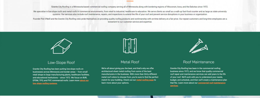 Custom Wordpress website design for Granite City Roofing home page in Sauk Rapids, MN