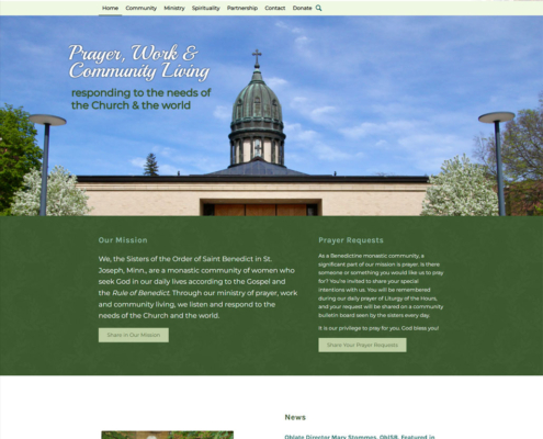 Custom WordPress website re-design for Sisters of the Order of St. Benedict home page in St. Joseph, MN