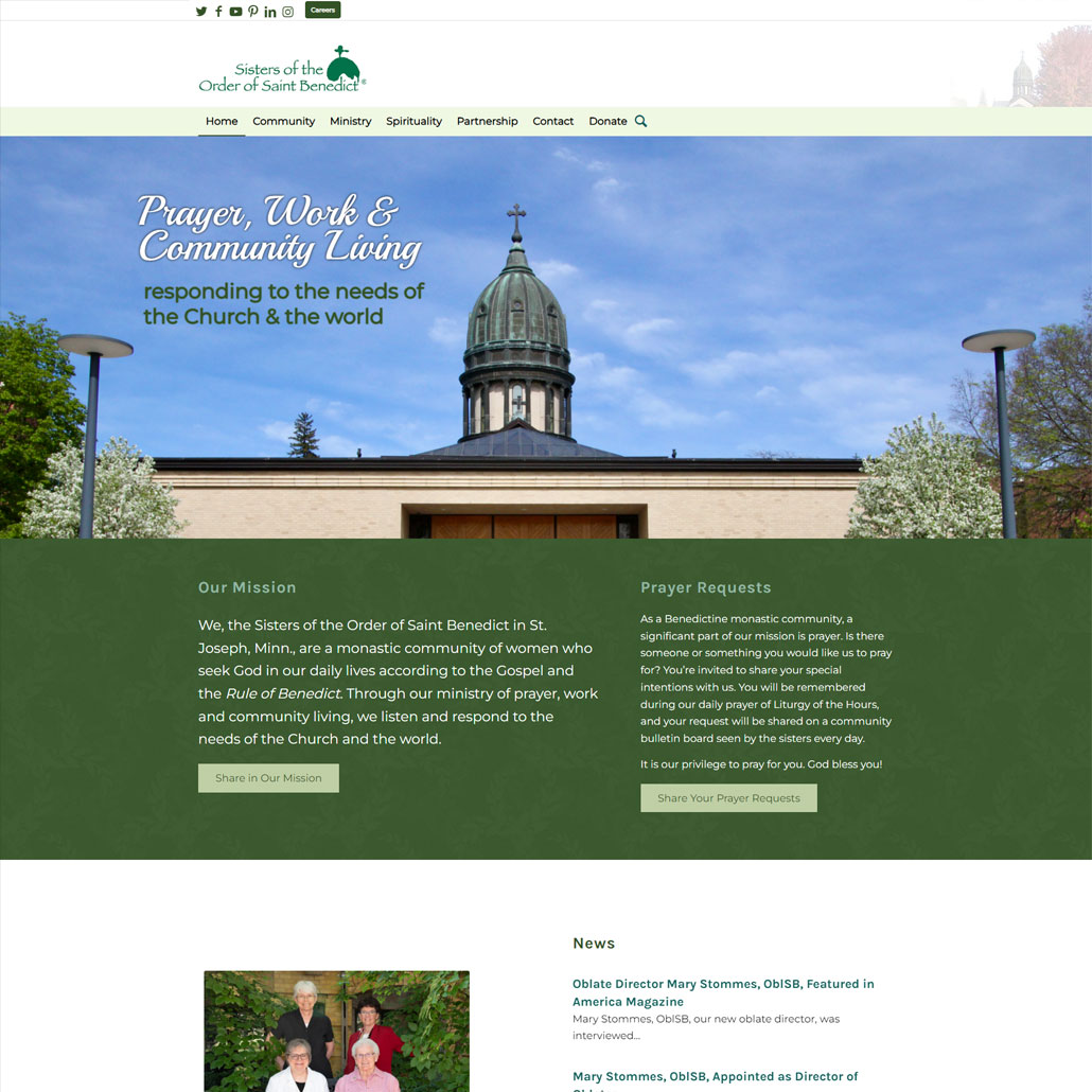 Custom WordPress website re-design for Sisters of the Order of St. Benedict home page in St. Joseph, MN